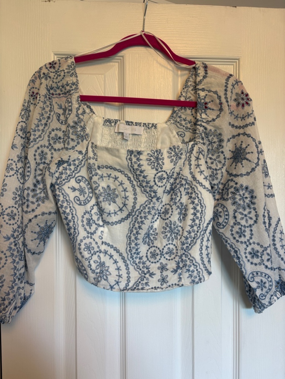 Women's White Blue Embroidered Square-Neck Crop Top